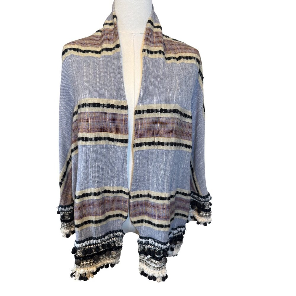 2/$30 ZARA Small Woven BOHO Open-Front Jacket Cardigan Fringe Pom Tassel Trim